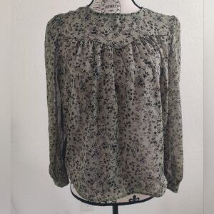 Primark Green & Black Floral Puff Sleeves Whimsy Boho Flower Power Blouse_XS